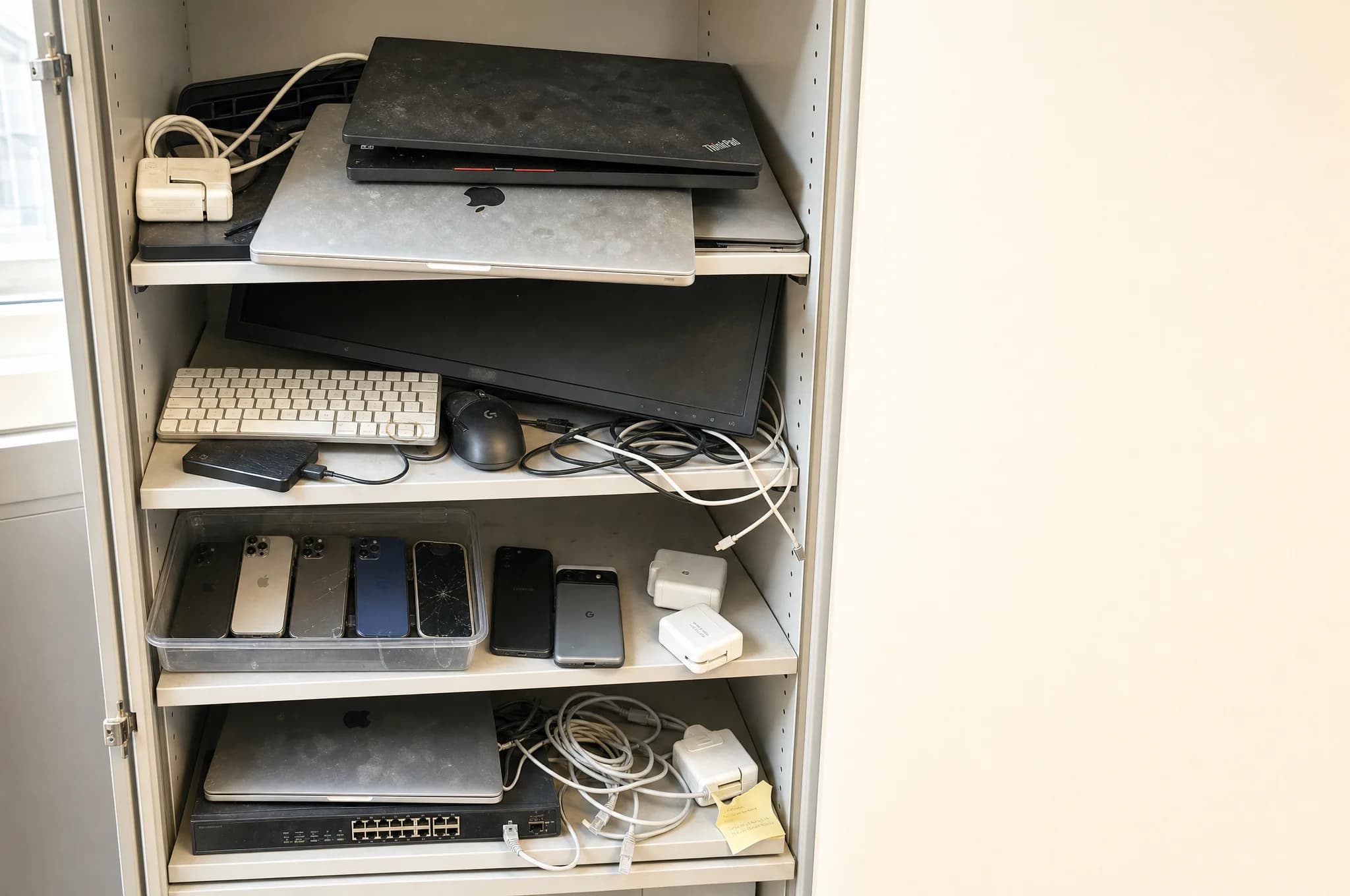 A cupboard of retired office IT — laptops, monitors, phones, cables